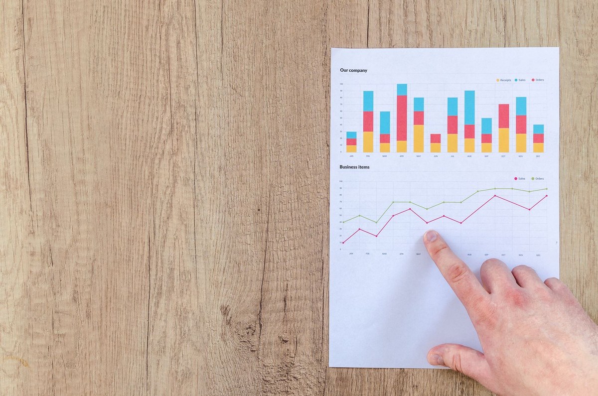 Finger pointing at a printed sales-and-orders line chart on a white sheet over wood